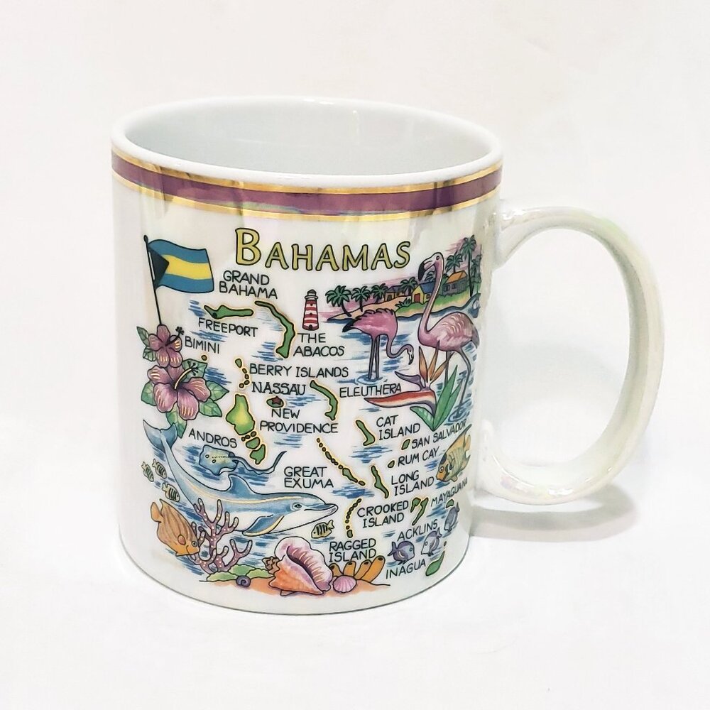 Bahamas Map Flamingos Coffee Mug 11 oz Cup Sea Shells Fish Flag Lighthouse